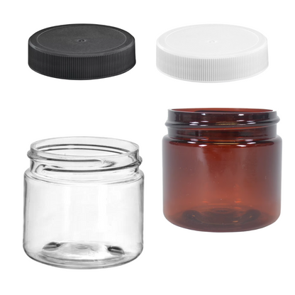 [Jar] 2 oz Clear or Amber | PET Plastic Round 48-400 Neck | Optional Lids