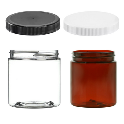 [Jar] 8 oz Clear or Amber | PET Plastic Round 70-400 Neck | Optional Lids