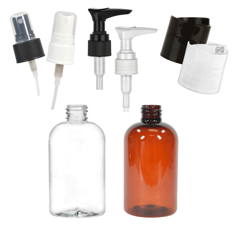 [Bottle] 4 oz Clear or Amber | PET Plastic Boston 20-410 | Optional Tops
