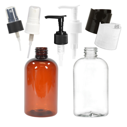[Bottle] 8 oz Clear or Amber | PET Plastic Boston 24-410 | Optional Tops